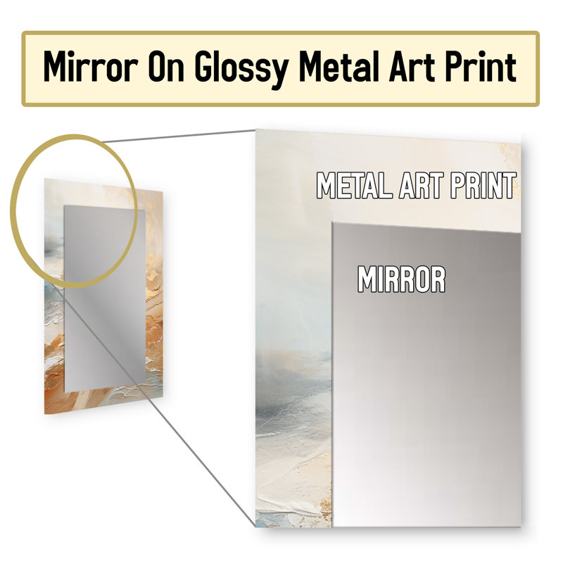 Or et bleu plage sable Fusion II - miroir côtier, miroir mural unique beige, impression d'art en métal, 32 po x 24 po