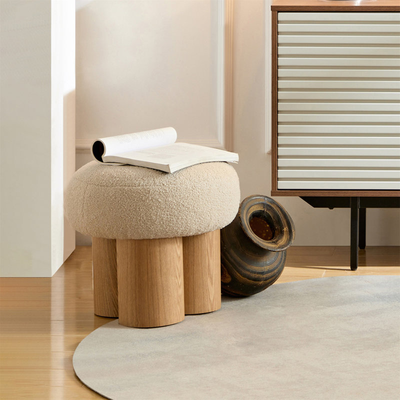W8017-1 Mushroom Stool, Grieg Plush Cushion, Wooden Barrel PVC Pipe, Walnut Finish, Brown, Natural