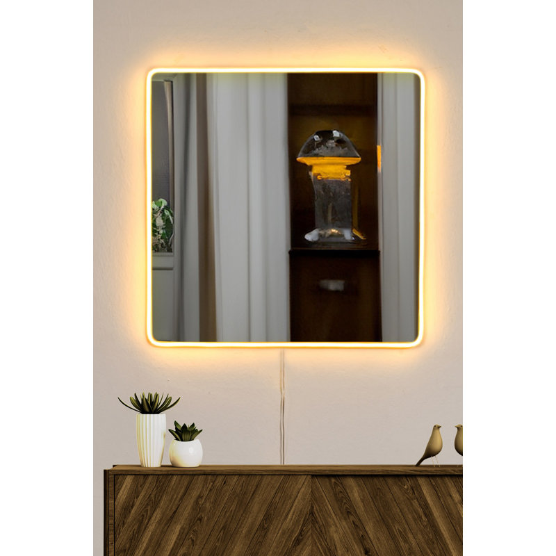 Miroir moderne à DEL avec acrylique incassable incassable, 19,7 po x 19,7 po | Épaisseur de 5 mm, rayures néon jaune | Support en panneau de fibres à densité moyenne, adaptateur 12V pour un éclairage lumineux | Décoration élégante et durable