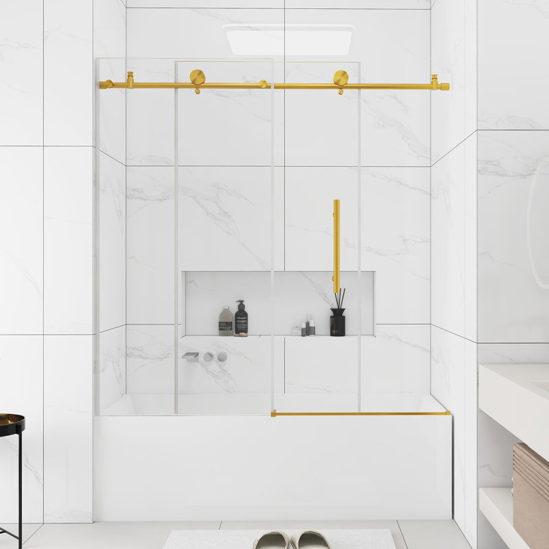 56-60 "W X 60" H Frameless Bathtub Shower Door | Single Sliding | 1/4 Inch Transparent Tempered Glass With Explosion Proof Film | Stainless Steel Handle | Brushed Gold