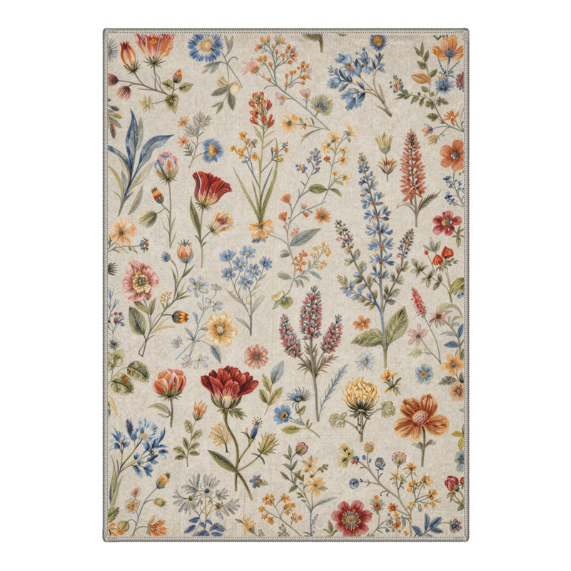 Cogswell Floret Floral Machine Washable Beige Indoor Area Rug with Non-Slip Backing, Rectangle 9' x 12'