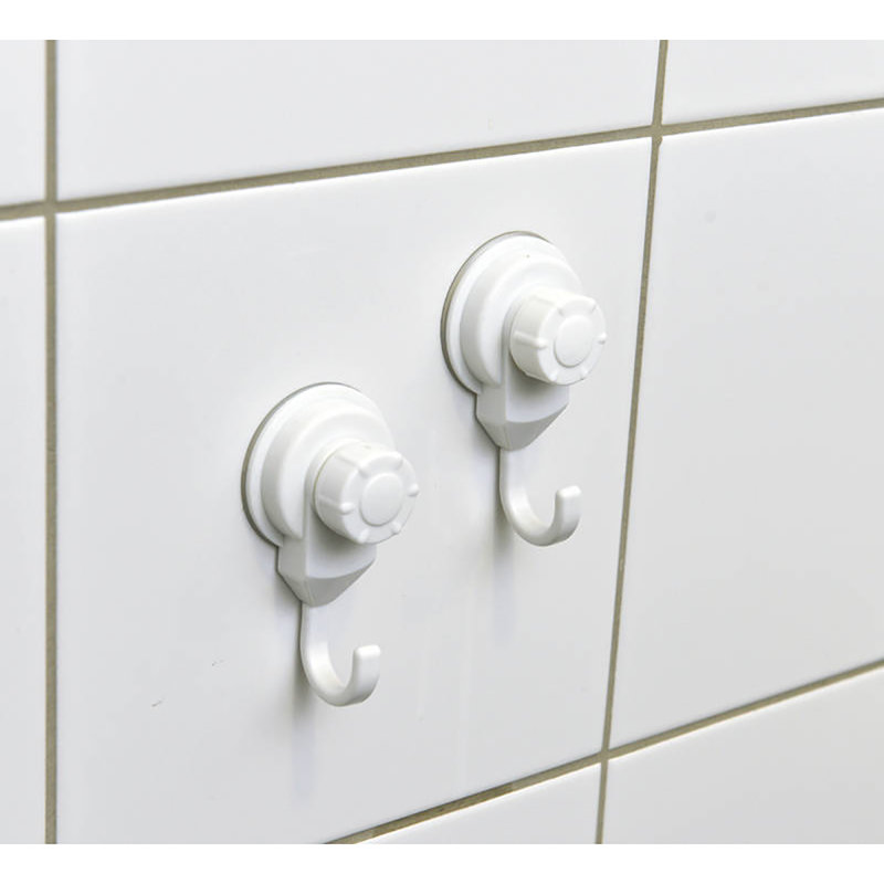 White Plastic and Metal Suction Cup Wall Hooks Set of 2