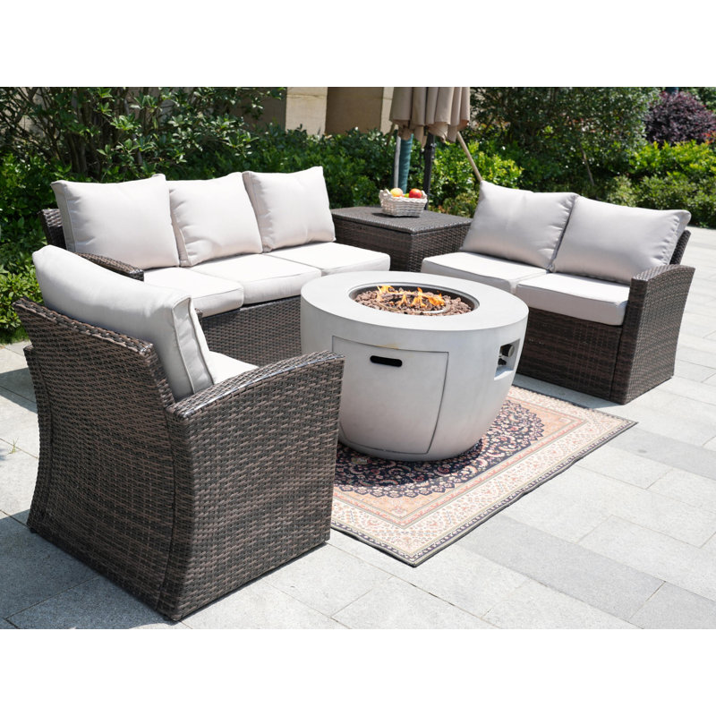 - Person Patio Conversation Set with Cushions, White, Brown