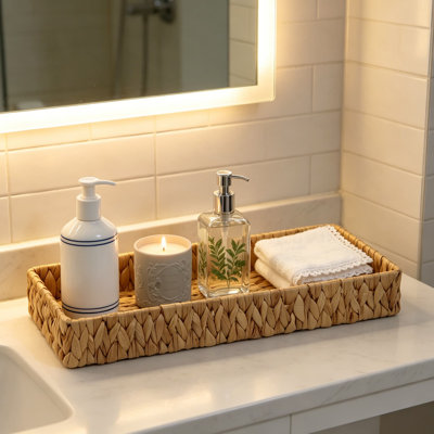 Bathroom Vanity Tray, 16.7 Inch Water Hyacinth Toilet Tank Basket, Long Wicker Counter Organizer for Paper Towels and Hand Towels, Natural Handwoven Storage Tray for Bathroom Counter, Coffee Table, and Shelf Decor