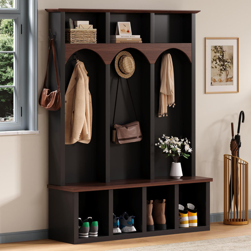 Arbre d'entrée de 57,92 po de largeur avec banc et rangement pour chaussures, Noir