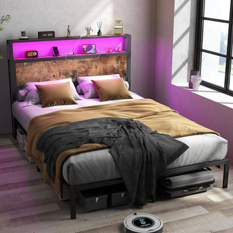 Hugo Modern Platform Bed Frame with 2-Tier Wood Storage Headboard LED Lights and Charging Station, Queen, Rustic Brown