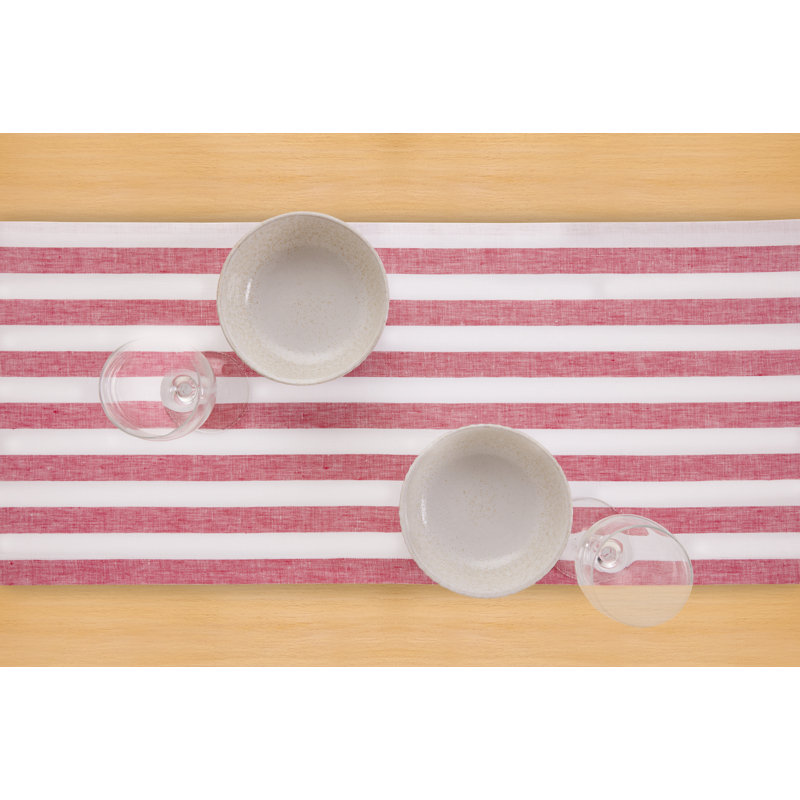 Sorrento Stripe-100% Pure Linen Table Runner, Red/White Large Stripe, 36" x 14"