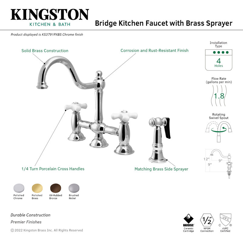Kingston Brass Restoration Two-Handle Deck Mount Bridge Kitchen Faucet, Oil Rubbed Bronze, With Spray