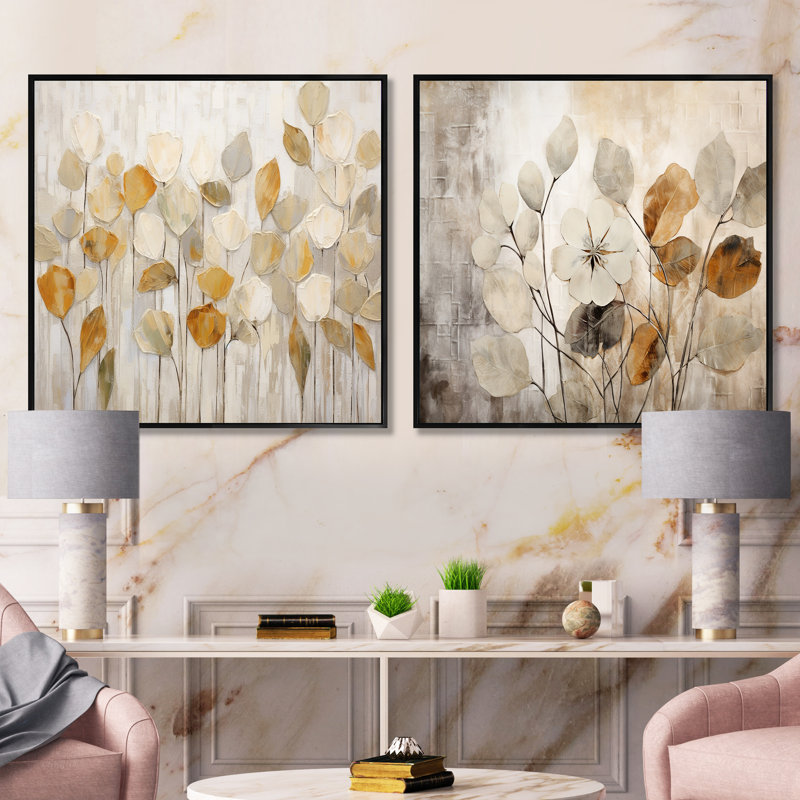 Forêt éthérée beige - ensemble de 2 collages carrés botaniques abstraits, Cadre flottant noir, H 16 po x l 33 po