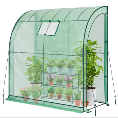 Lean To Greenhouse With 3-Tier Shelves, Portable Walk-In Wall Mounted Green House With Mesh Windows, Reinforced Lean-To Wall Greenhouses With 2 Roll-Up Zipper Doors For Outdoors, (White)