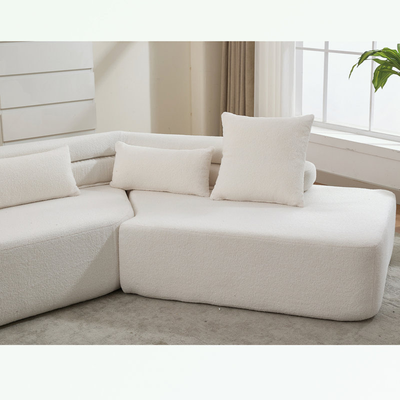 Modern 4-Seater Sectional Couch with four pillows, Beige Polyester Blend