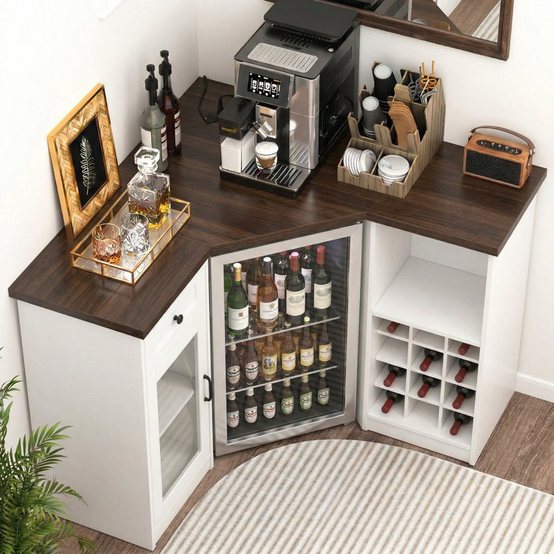 Armoire de coin avec réfrigérateur, coin café avec station de charge, armoire à vin en forme de L pour la maison (réfrigérateur non inclus)