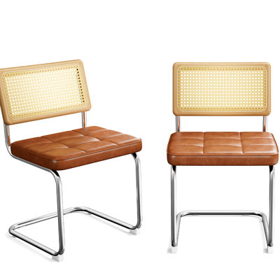 Chaises de salle à manger modernes de 2 personnes, naturelles avec dossier en bois massif, revêtement en similicuir brun, d'inspiration Mid-Century, conception en porte-à-faux, structure en acier tubulaire, sièges confortables pour la cuisine