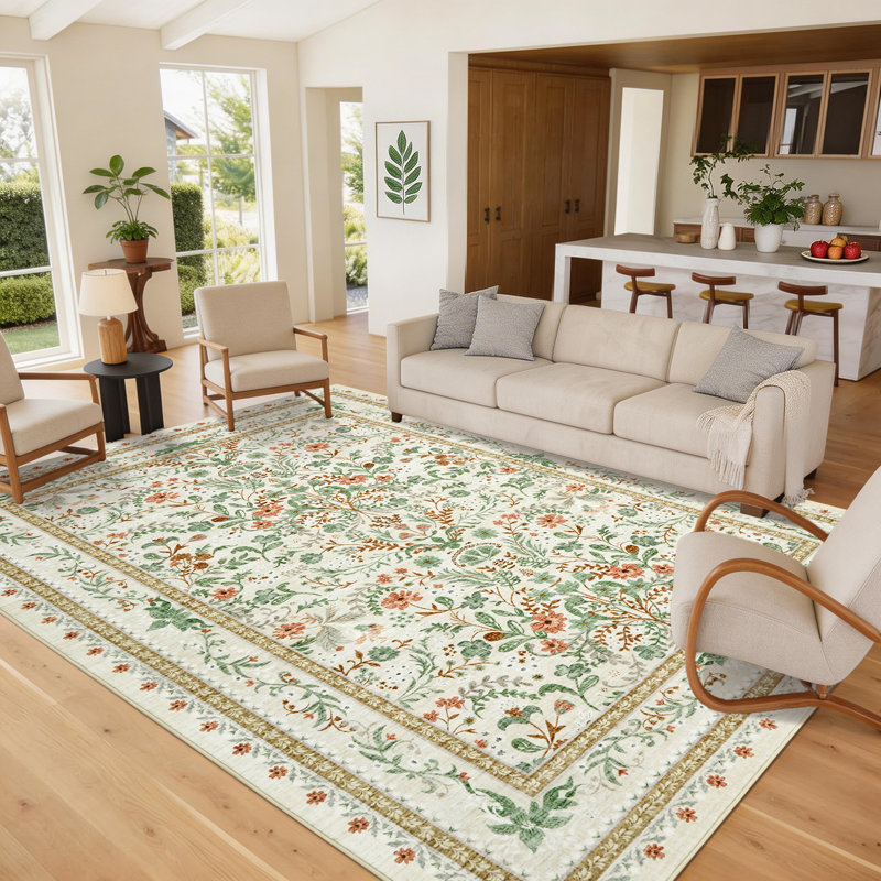 Tapis floral délavé et lavable rétro, Beige, 10*13
