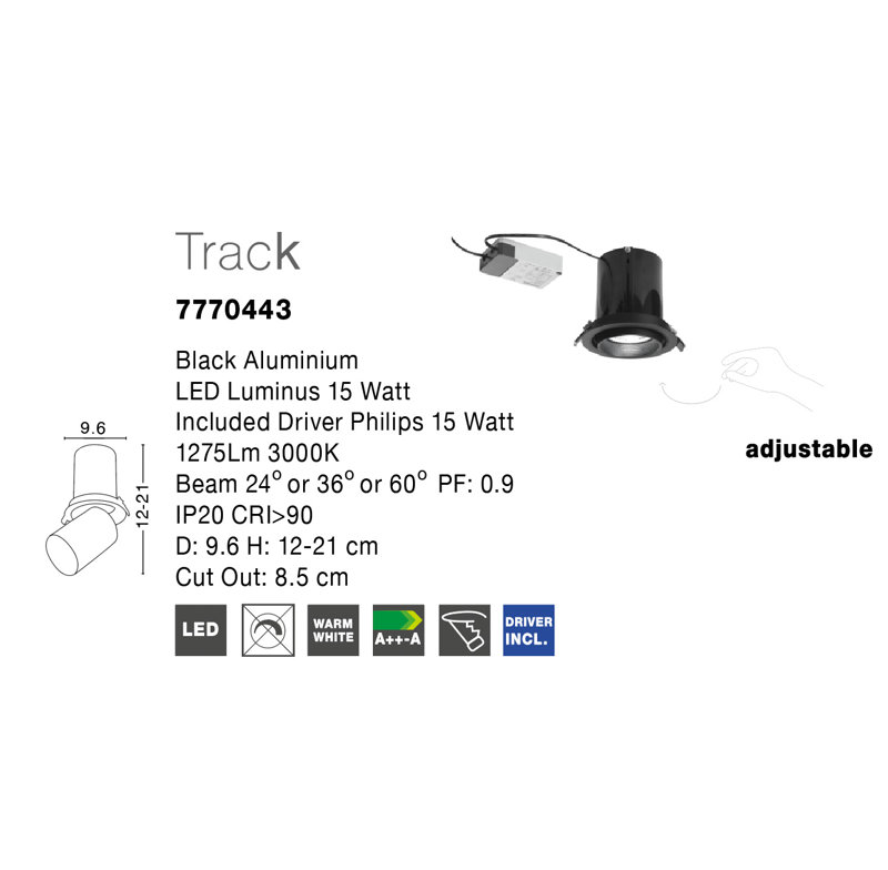  LED Retrofit Downlight, 12cm H x 9.6cm W x 9.6cm D, Black/White