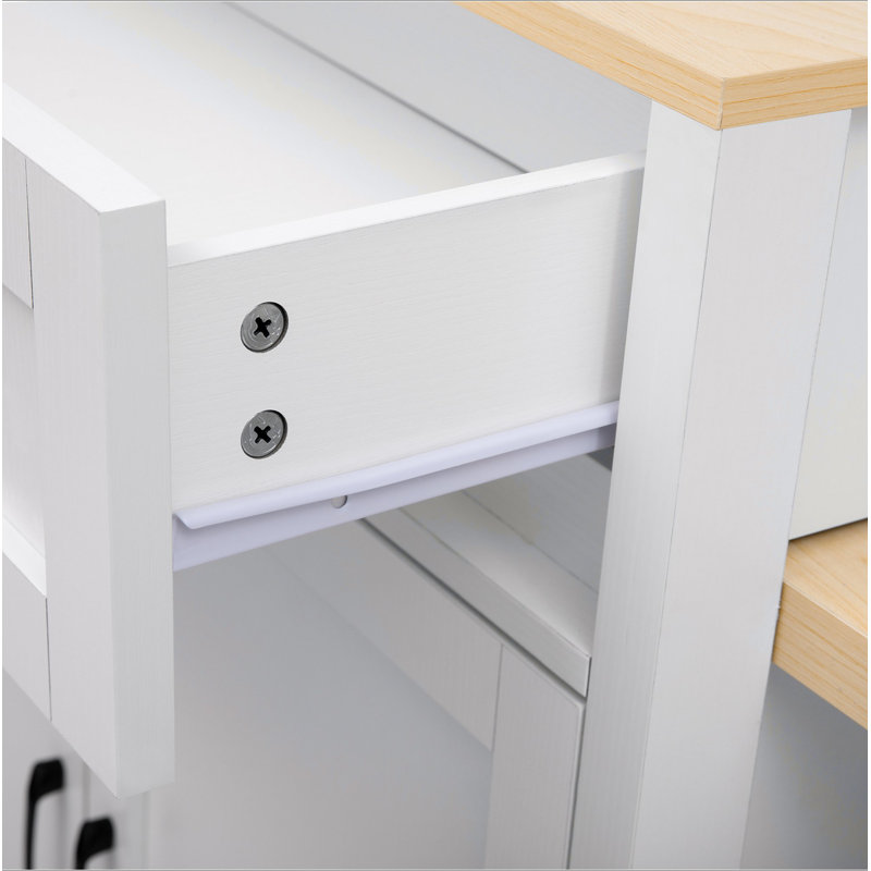 Îlot de cuisine de 82,7 po avec table de salle à manger extensible pour 4 à 6 personnes, table de cuisine bicolore avec rangement double, prise de courant, îlot de cuisine avec rangement 2 tiroirs et 2 tablettes latérales ouvertes