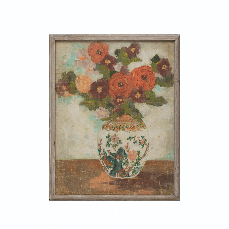 Décoration murale encadrée en bois avec fleurs dans un vase