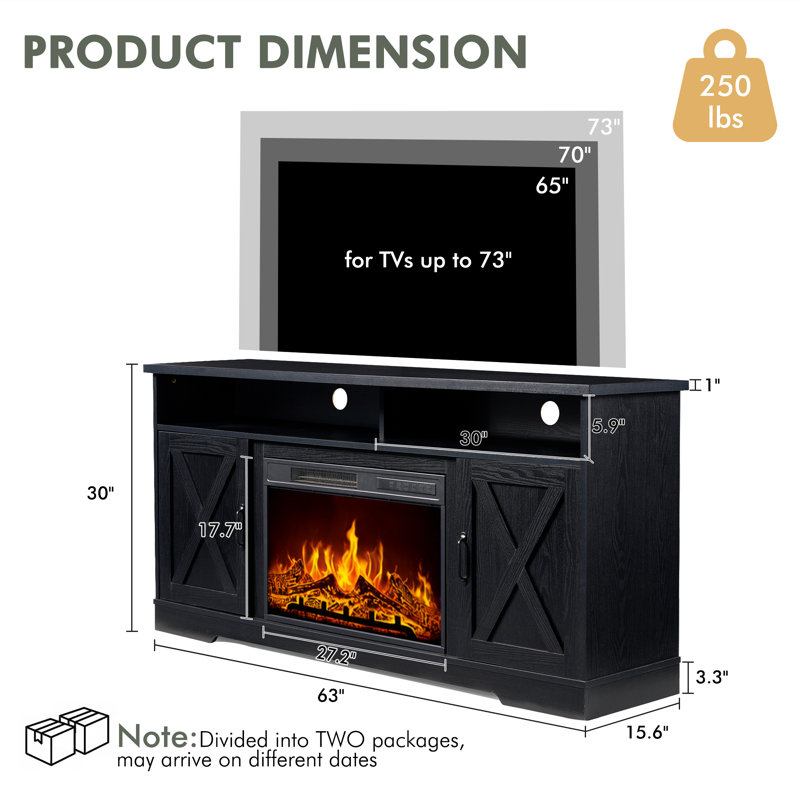 Chimira 63'' W TV Stand with Electric Fireplace Included, Antique Black & Oak , Antique Black & Oak