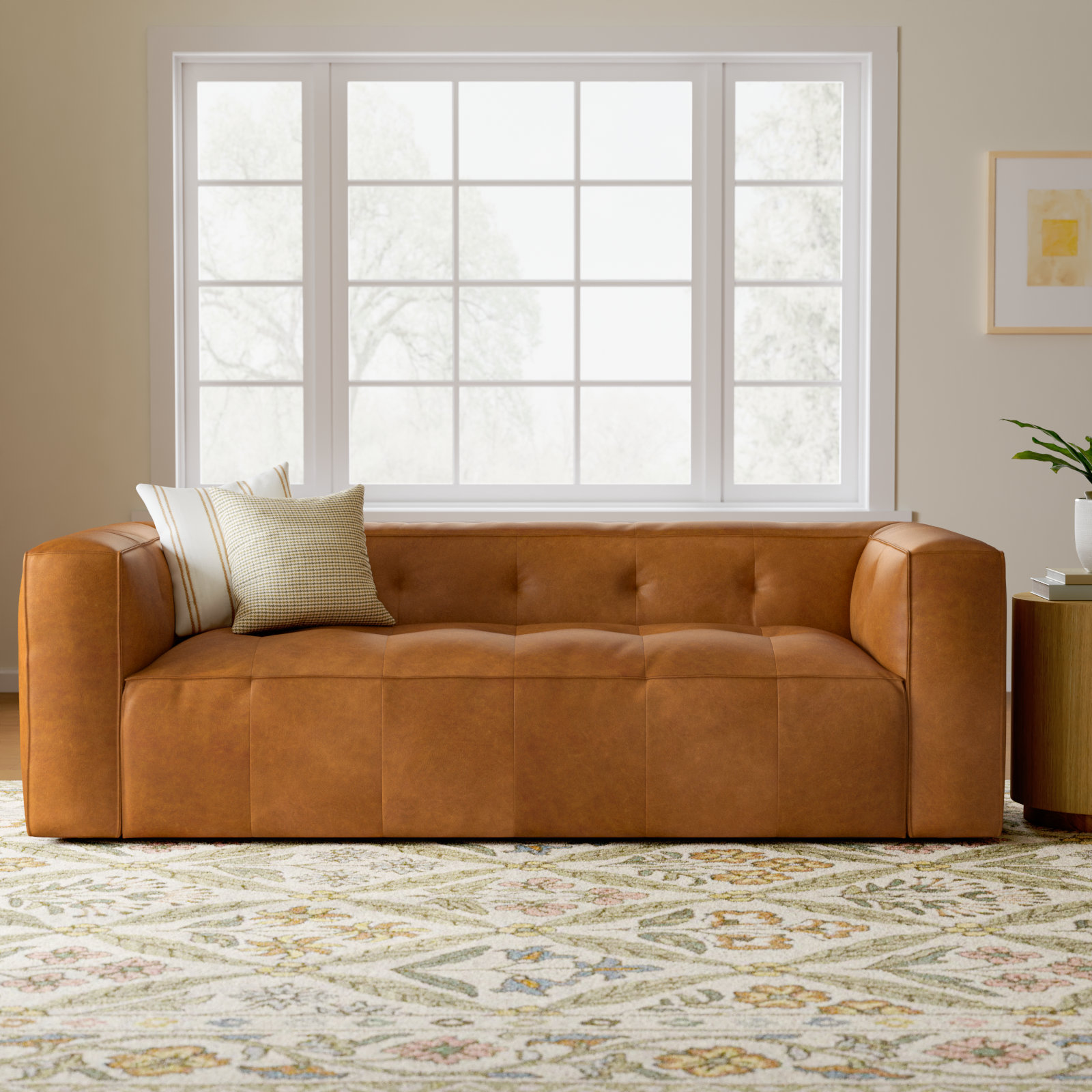 92" Genuine Leather Sofa, Saddle Tan Genuine Leather