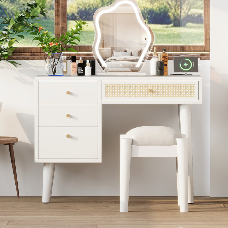 Coiffeuse de style rétro bohémien - blanc, 4 tiroirs, tabouret, prise de charge et coiffeuse de 39 po avec tiroirs bohémien, prise de port, structure
