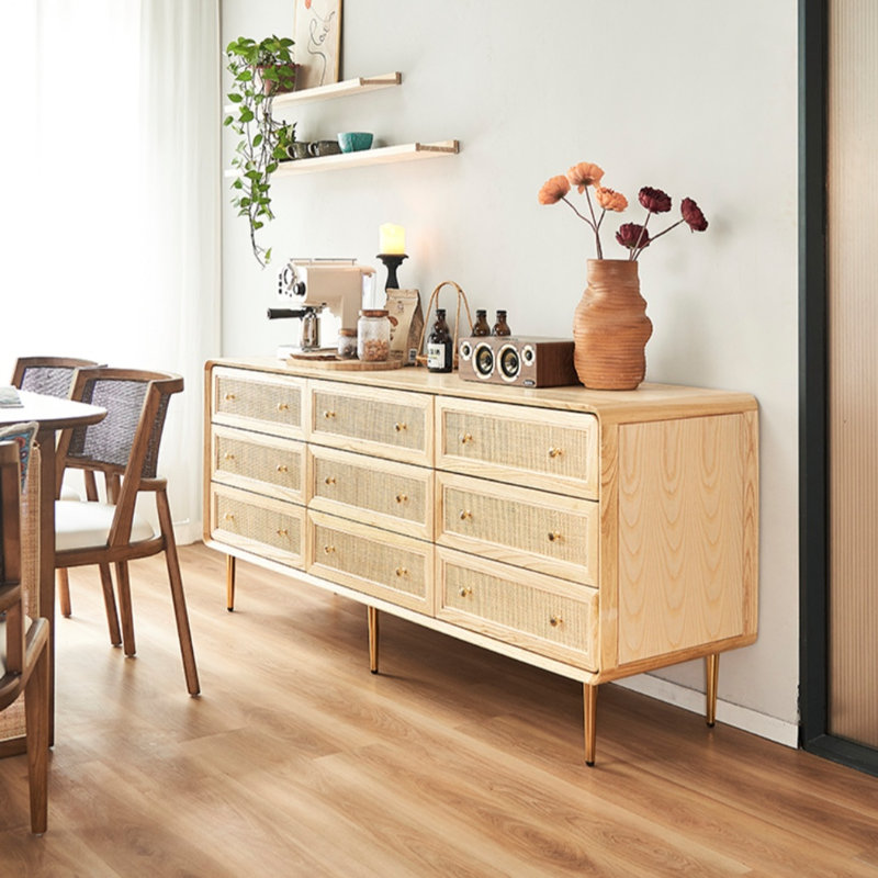 Armoire de véranda en bois massif avec rangement en rotin