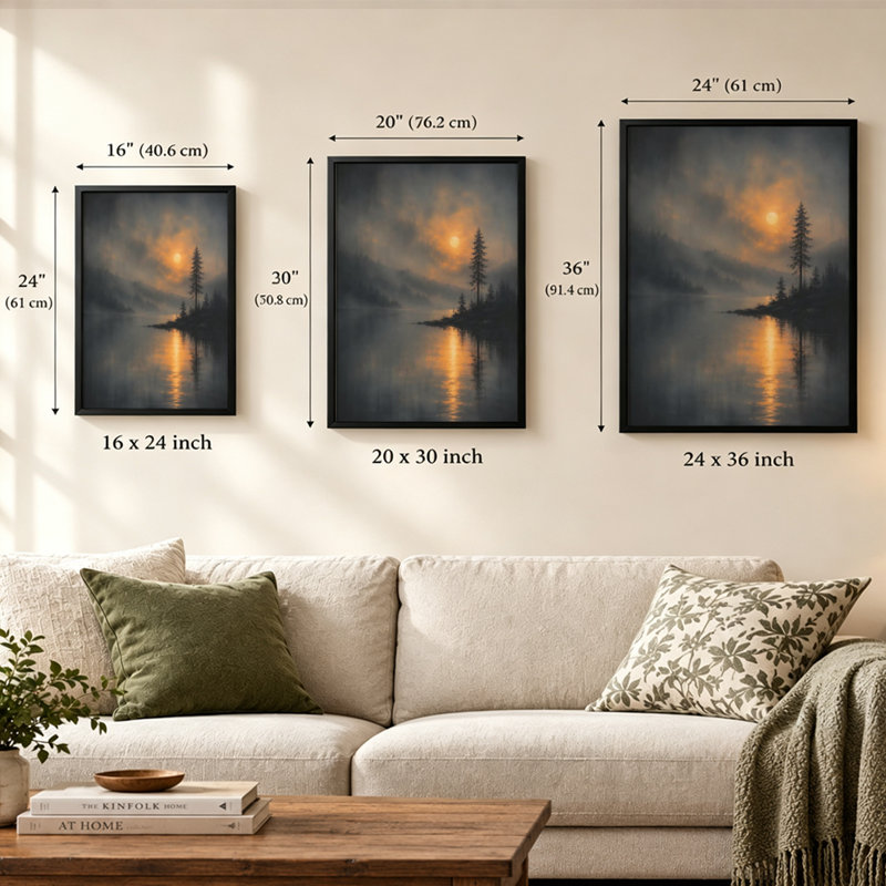 Lac sombre au coucher du soleil - Tableau sur toile à l'ambiance mystérieuse, encadré d'or, 76 cm (H) x 51 cm (L), Doré