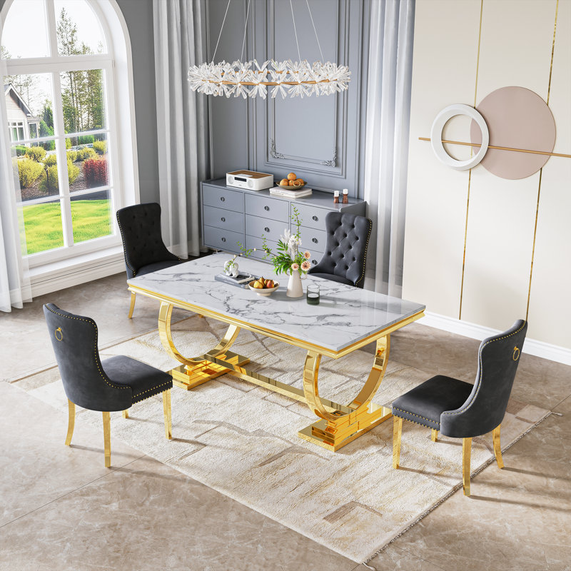 Rectangular 70.1"L X 35"W Dining Set, Black/Gold, White/Gold, 5 Pieces: Table, 4 Chairs