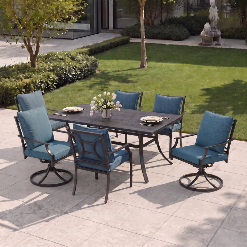Ensemble repas d'extérieur en métal 7 pièces avec coussins, 7 Pieces: Table, 2 Swivel Chairs, 4 Fixed Chairs
