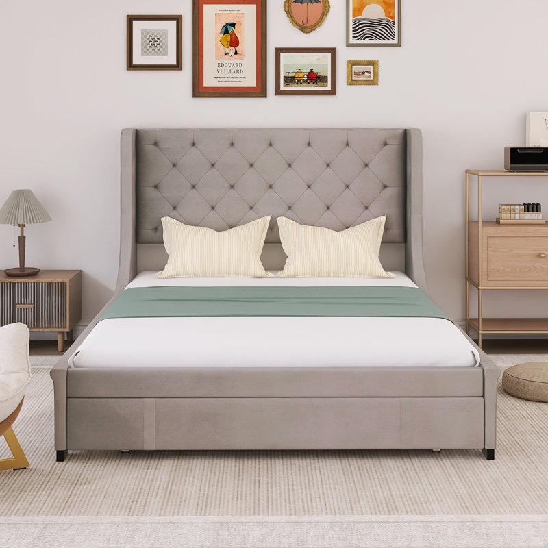 Grand lit avec rangement et grand tiroir, Gris