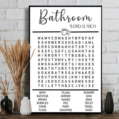 Toile de salle de bain: recherche de mots: Lettres disposées dans une grille, art mural sur toile - noir et blanc. Peinture moderne, galerie profonde de 1 po, 24 po x 36 po