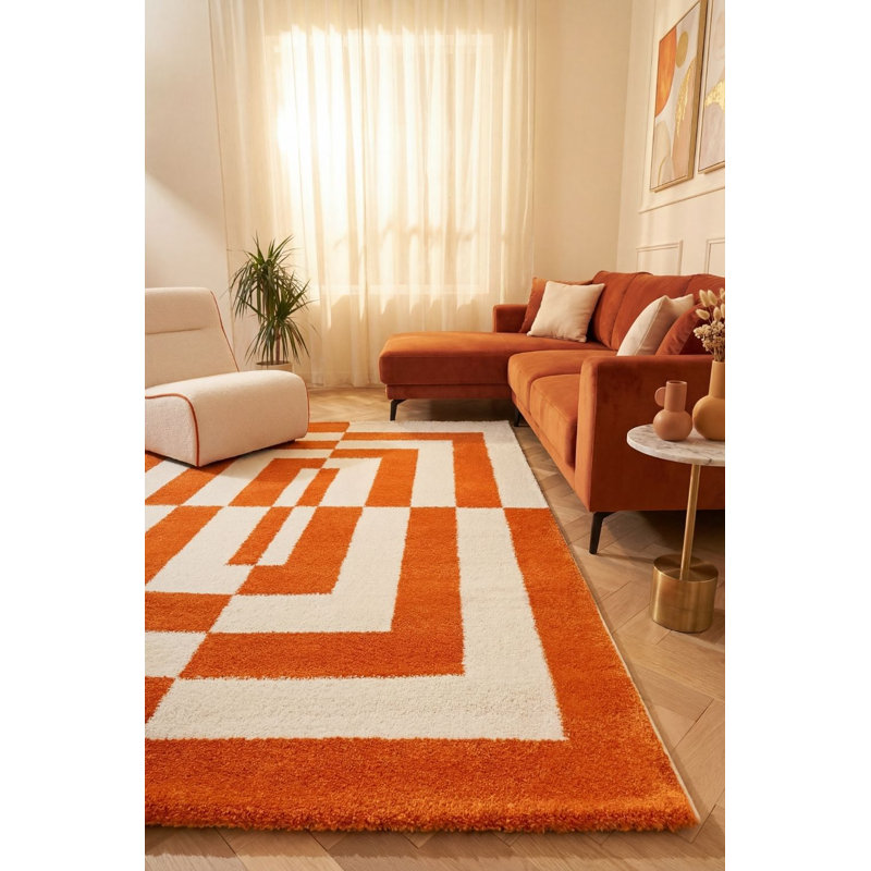 Joli Geometric Area Rug Soft Dense Pile for Living Rooms and Bedrooms, Orange/White, Rectangle 80 x 150 cm