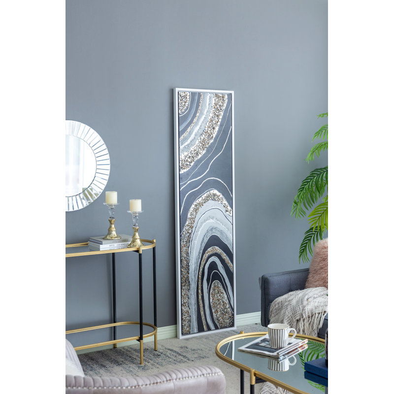 70.9X19.7X1.5" Elongated Landscape Rectangle Framed Oil Painting, Brown And Black With Silver Stones