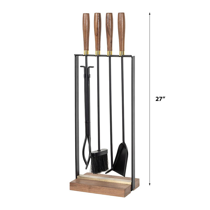 Modern Black Steel Fireplace Tool Set with Walnut Wood Handles