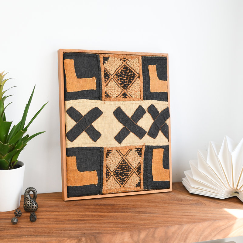 Tableau mural en textile de raphia Kuba africain avec cadre en teck 40,6 x 50,8 cm (16 x 20 pouces) Style 7
