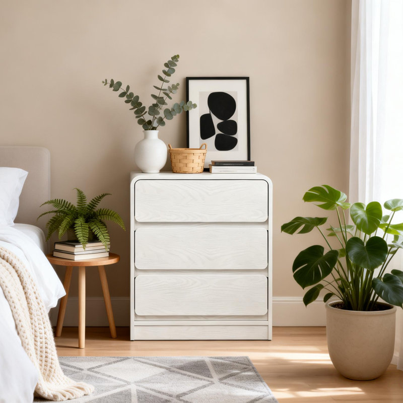 3-Drawer Nightstand，23.6" Wide End Table, White