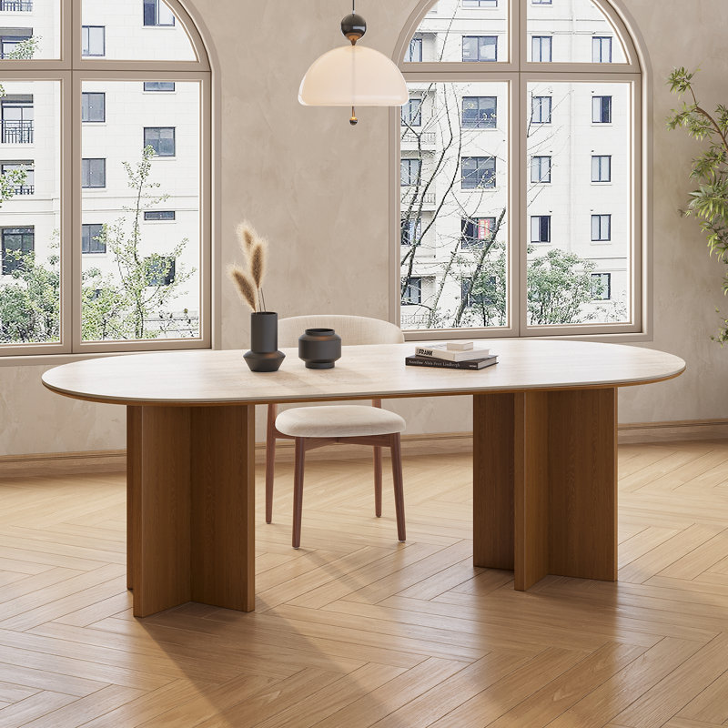 Joerg Oval 71" Matte Sintered Stone Dining Table for 6 Person, Solid Wood Legs for Diningroom