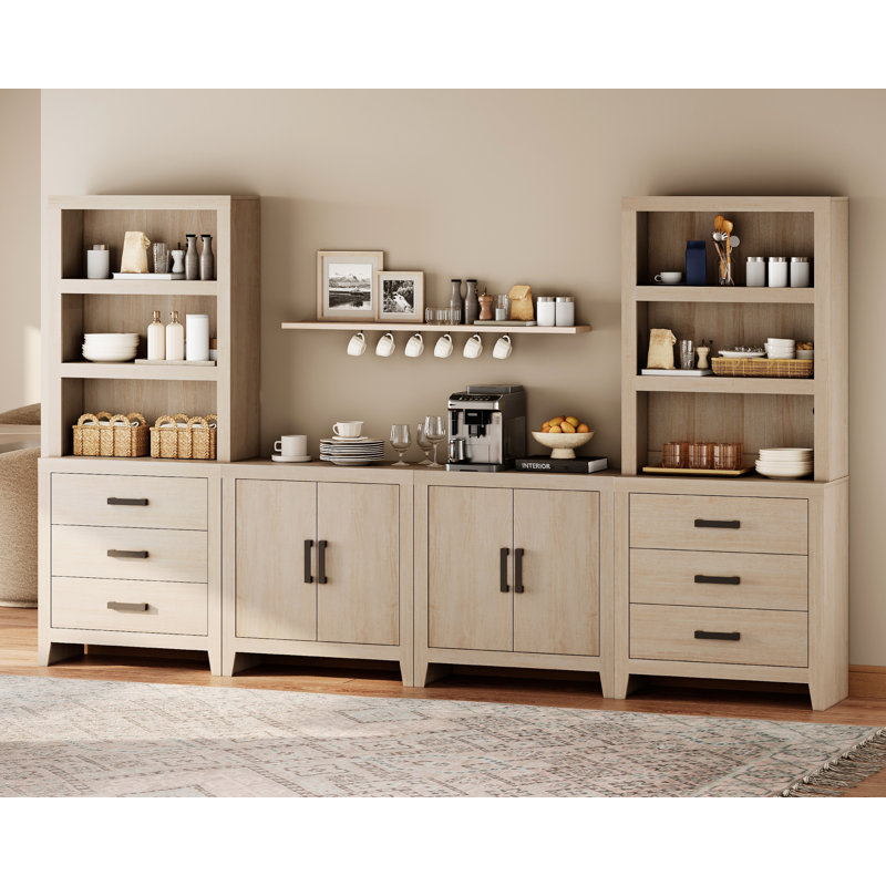 Garde-manger modulaire avec 2 tiroirs et 2 portes, buffet de rangement ouvert en bois de 74,2 po de hauteur, garde-manger Farmhouse avec tablette réglable pour la salle à manger, beige