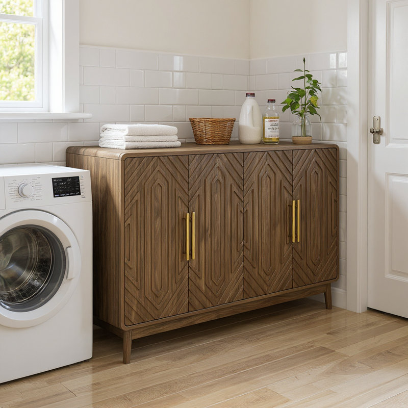 Armoire de rangement 55 po en noyer avec bords arrondis, 4 portes et tablettes réglables