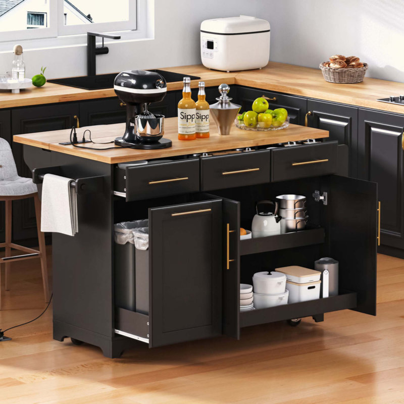 Kitchen Island With Storage 2 Pull Out Cabinet Organizers & Rubber Wood Drop Leaf, Rolling Kitchen Island With Trash Can Storage, Power Outlet, Spice & Towel Rack For Kitchen, Dining