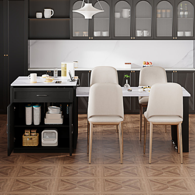 Îlot de cuisine avec table de salle à manger extensible pour 4 à 6 personnes (tabouret non inclus), Noir