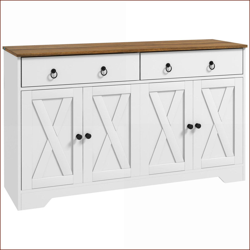 Sideboards, Farmhouse White Buffet with 2 Drawers, 4 Barn Doors &amp; Adjustable Shelves | Wood Grain Top | Particle Board Frame
