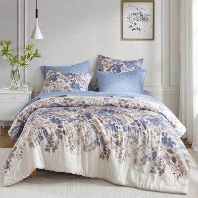 Literie douce en microfibre bleue, 100%, jusqu'à 16 po, avec édredon à l'épreuve des feuilles, imprimé aquarelle, produit de 1,49 po de hauteur,