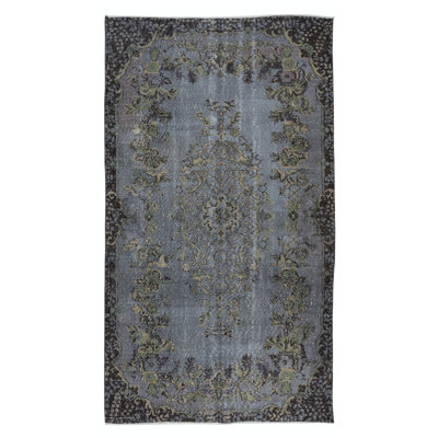 5.7x9.8 Ft Hand-Made Turkish Rug with Medallion. Modern Carpet in Iron Gray, Beige & Army Green