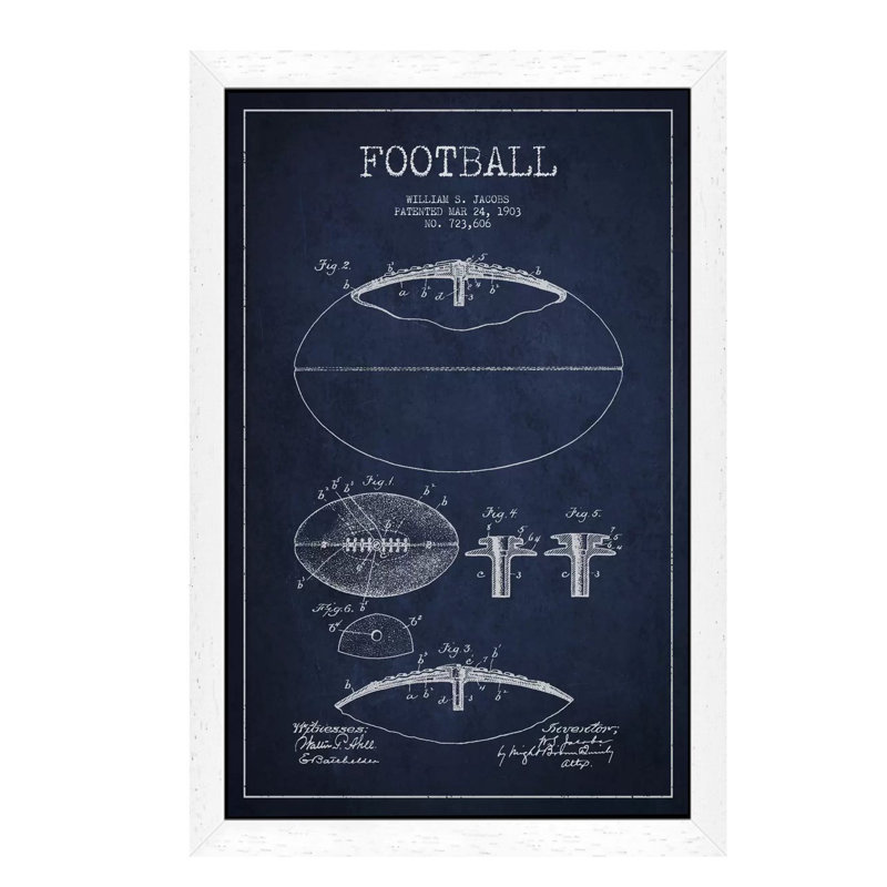 Football All Navy Blue Patent Blueprint by Aged Pixel - Floater Frame Print on Canvas, 66.04 cm H x 45.72 cm W, White Framed