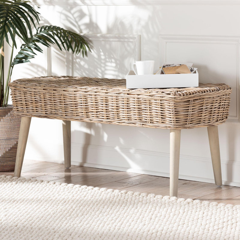 Chamniss Modern Bohemian Natural Kubu Rattan And Grey Acacia Wood Accent Bench