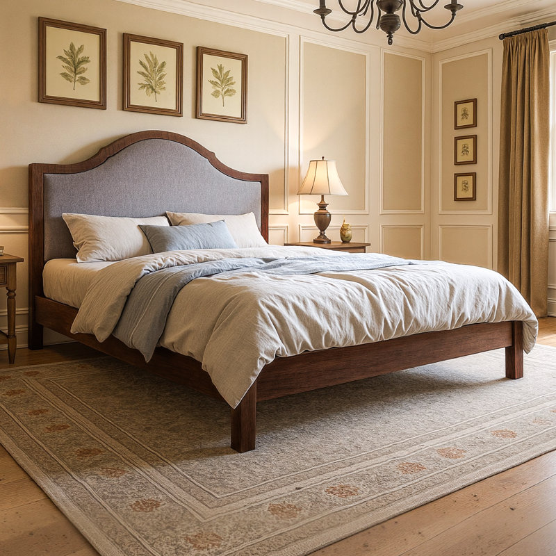 Solid Wood Bed Frame with Upholstered Headboard, Modern Design, No Box Spring Needed, Brown, King
