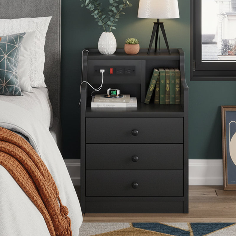 17.7'' W White Nightstand - Charging Station, Hutch Top, 3 Storage Drawers - Modern Design, Black