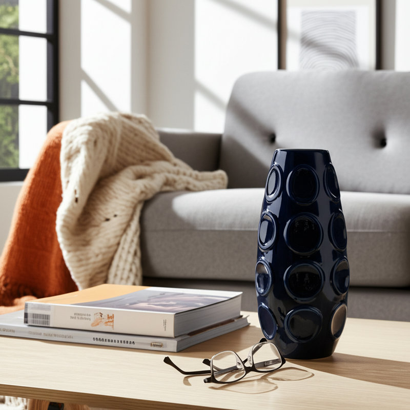 Decorative Ceramic Table Vase with Embossed Accents for Home Decor - Modern Tall Flower Vase for Living Room and Shelf Styling