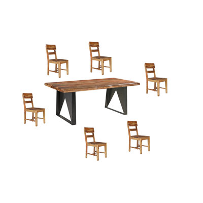 Ensemble de salle à manger 7 pièces en bois massif avec chaises et table à dossier échelle