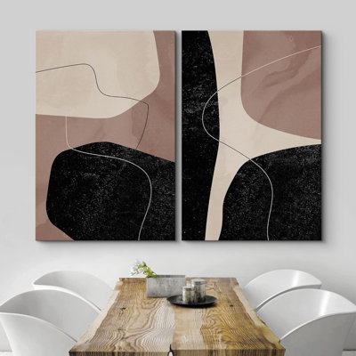 Reproduction de style Mid-Century de style Mid-Century brun, brun et brun clair, variété de formes abstraites, chic moderne sur toile, 2 pièces